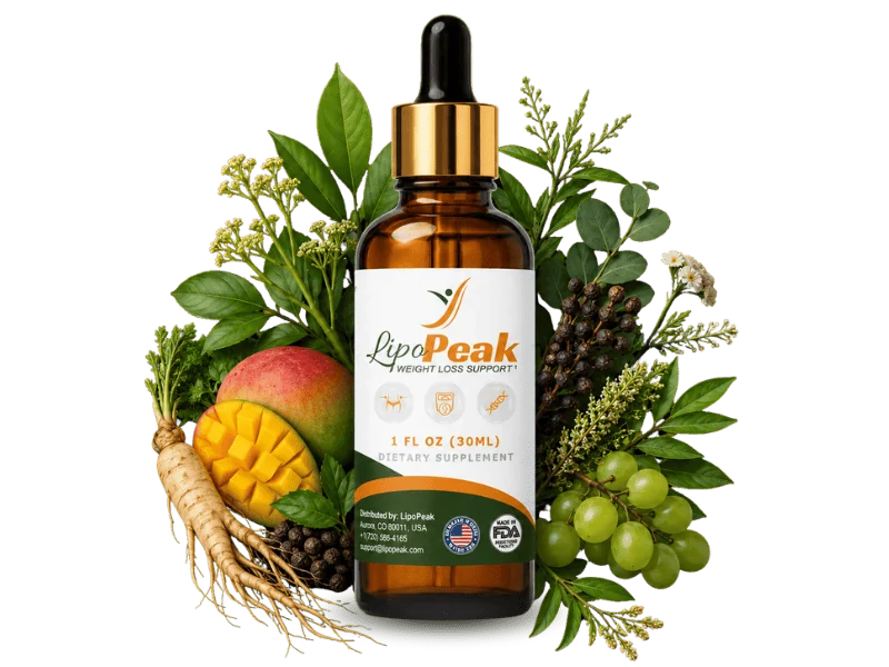 LipoPeak liquid weight loss support supplement bottle with botanical ingredients