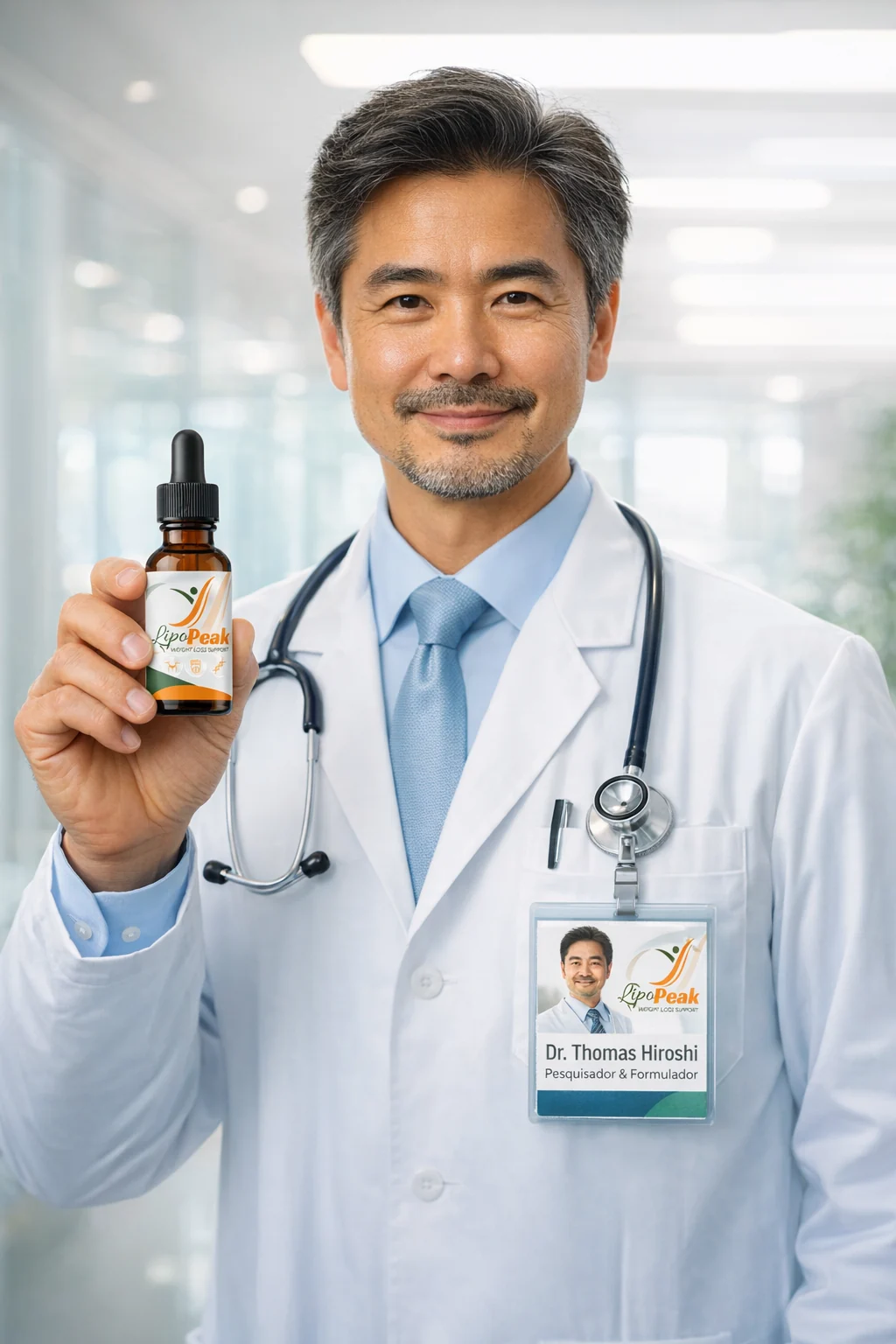 Seller marketing image showing a formulator holding a LipoPeak weight loss support dropper bottle