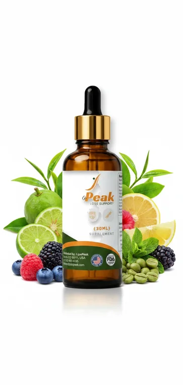 LipoPeak weight loss support drops bottle surrounded by green tea leaves, citrus, berries and green coffee beans