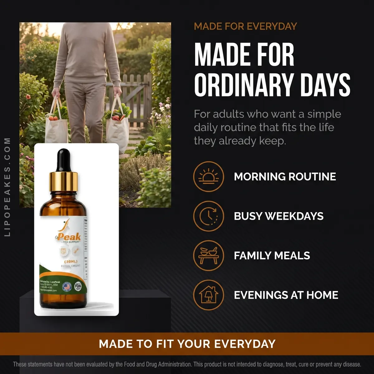 Who LipoPeak is for: adults who want a simple daily weight management habit for mornings, busy weekdays and family meals